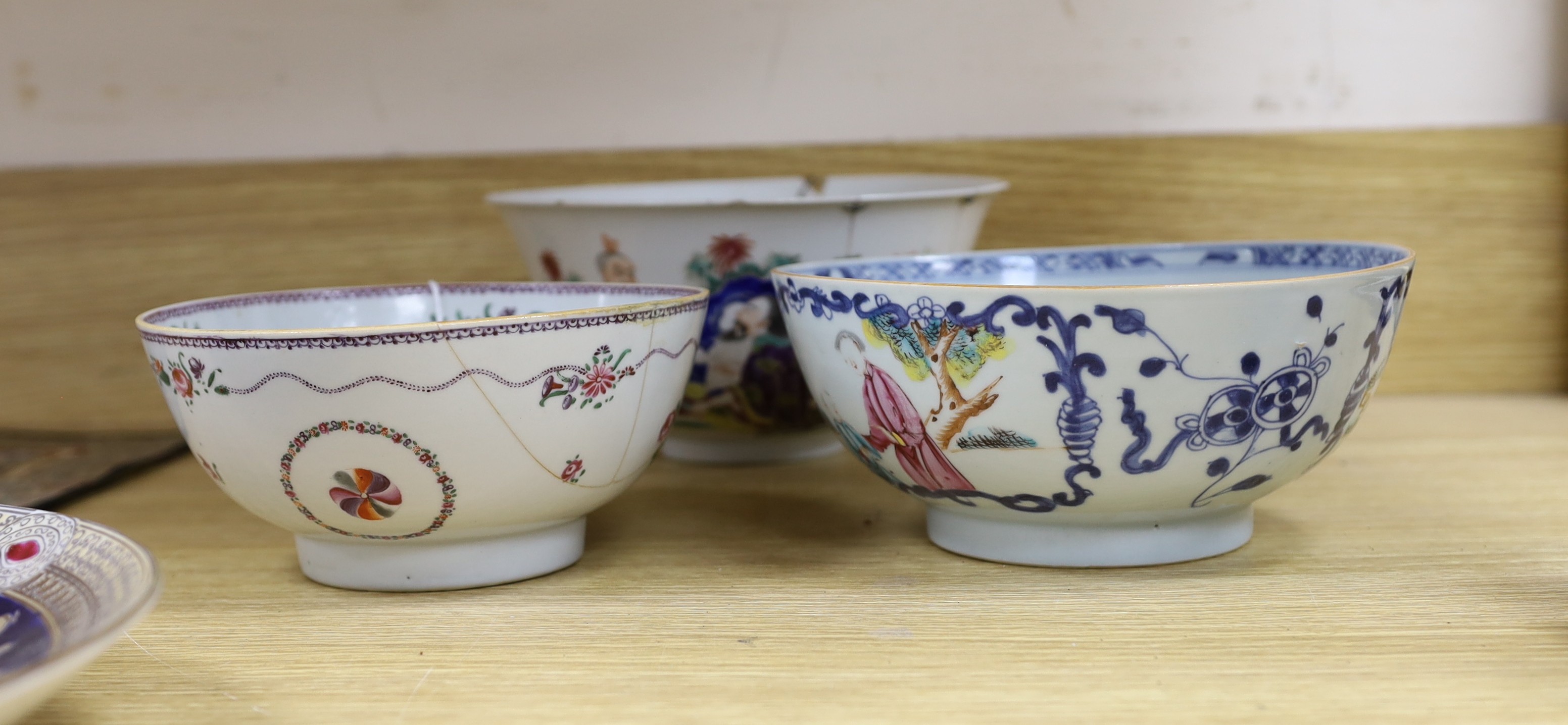 A group of 18th century and later Chinese enamelled and blue and white porcelain dishes and three bowls, Largest dish 35.5 cm diameter